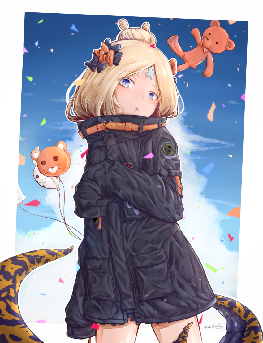 1girl :o abigail_williams_(fate/grand_order) absurdres animal_print balloon bangs black_bow black_jacket blonde_hair blue_eyes blue_sky bow clouds commentary confetti crossed_bandaids dated day eyebrows_visible_through_hair fate/grand_order fate_(series) fou_(fate/grand_order) hair_bow hair_bun hand_up head_tilt highres jacket long_hair long_sleeves looking_at_viewer mokamocha orange_bow outdoors parted_bangs parted_lips polka_dot polka_dot_bow signature sky sleeves_past_fingers sleeves_past_wrists solo stuffed_animal stuffed_toy suction_cups teddy_bear tentacle tiger_print