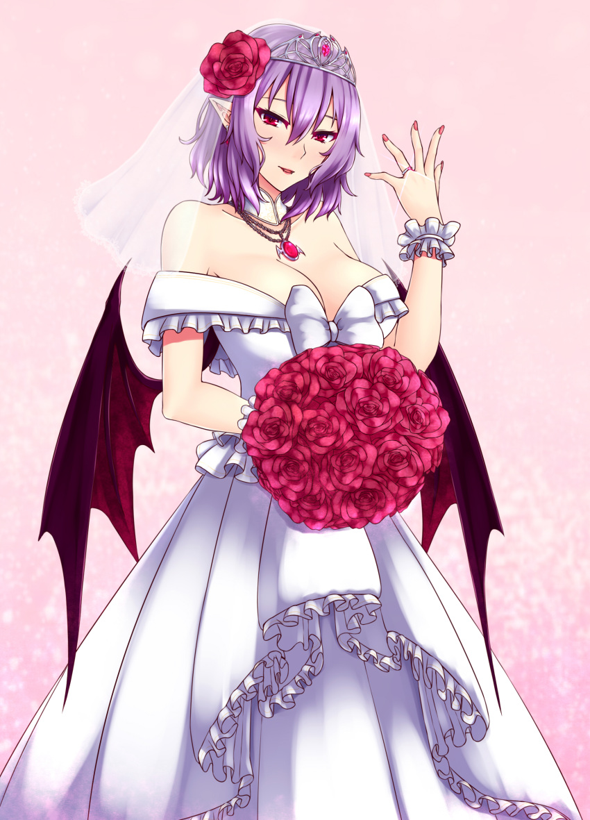 1girl absurdres bare_shoulders bat_wings bouquet breasts bridal_veil brooch cleavage collarbone detached_collar dress earrings fangs flower hair_flower hair_ornament hand_up highres jewelry large_breasts nail_polish necklace off-shoulder_dress off_shoulder older pink_nails pointy_ears purple_hair red_eyes red_flower red_rose remilia_scarlet ring rose scrunchie short_hair slit_pupils solo sparkle tiara touhou veil wedding_dress wedding_ring white_dress wings wrist_scrunchie zeramu