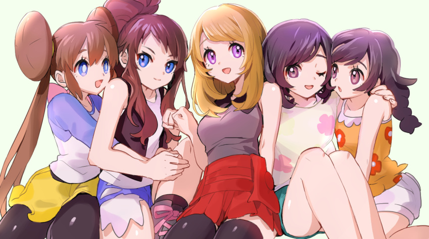 5girls :d ;d ankea_(a-ramo-do) bangs bare_shoulders black_eyes black_hair black_legwear black_vest blonde_hair blue_eyes boots braid breasts bright_pupils brown_hair closed_mouth cross-laced_footwear cutoffs double_bun dual_persona floral_print green_shorts grey_shirt hand_on_another's_shoulder high-waist_skirt lace-up_boots long_hair medium_breasts miniskirt mizuki_(pokemon) multiple_girls one_eye_closed open_clothes open_mouth open_vest orange_shirt pantyhose pantyhose_under_shorts pokemon pokemon_(game) pokemon_bw pokemon_bw2 pokemon_sm pokemon_usum pokemon_xy ponytail raglan_sleeves red_skirt shirt short_hair shorts sidelocks sitting skirt smile swept_bangs tank_top thigh-highs twintails vest violet_eyes white_shirt yellow_shorts zettai_ryouiki