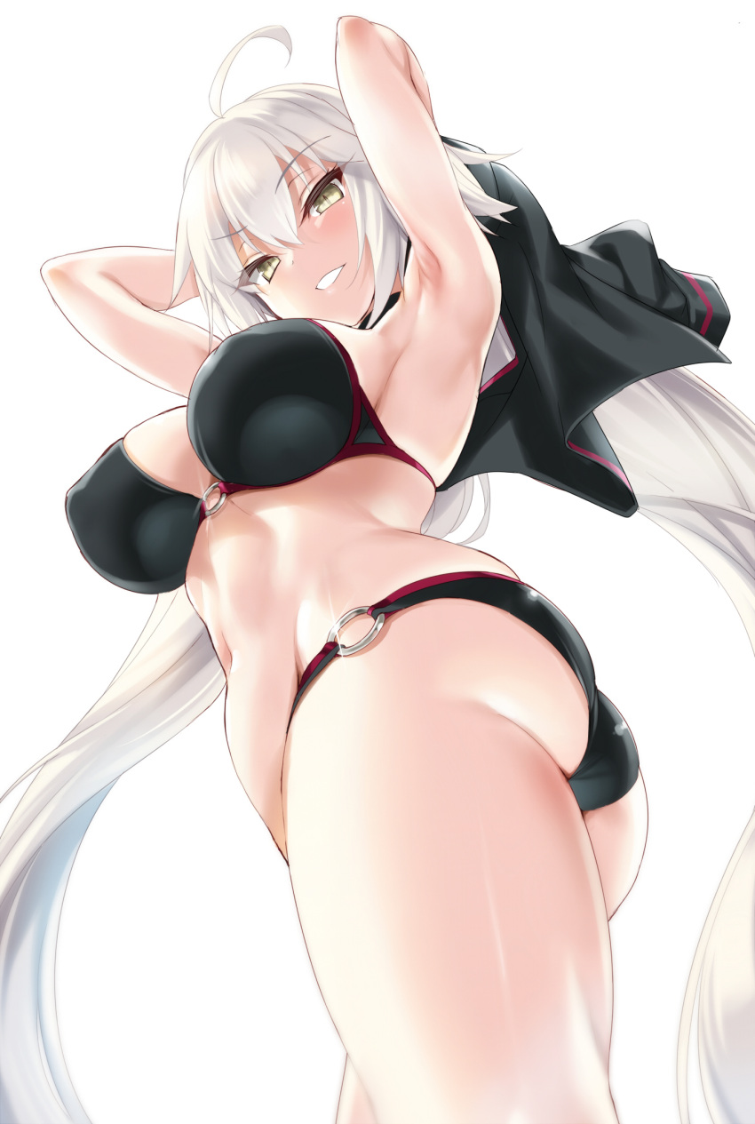 1girl ahoge armpits arms_up ass bangs bikini black_bikini black_jacket blush breasts cropped_jacket eyelashes fate/grand_order fate_(series) female_ass grin hair_between_eyes highres hips jacket jacket_removed jeanne_d'arc_(alter_swimsuit_berserker) jeanne_d'arc_(fate)_(all) kure_masahiro large_breasts long_hair looking_at_viewer navel o-ring silver_hair smile solo swimsuit thighs waist yellow_eyes
