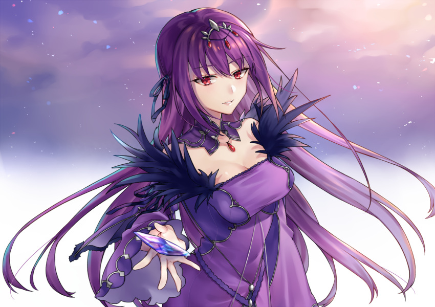 1girl bangs black_ribbon blush breasts cleavage commentary_request crystal detached_collar dress eyebrows_visible_through_hair fate/grand_order fate_(series) feather_trim hair_between_eyes hair_ribbon headpiece large_breasts long_sleeves looking_at_viewer parted_lips purple_collar purple_dress purple_hair red_eyes ribbon scathach_(fate)_(all) scathach_skadi_(fate/grand_order) shiao silver_trim solo wide_sleeves