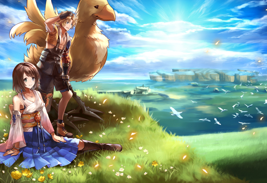 1boy 1girl bird black_footwear black_gloves black_shorts blonde_hair blue_eyes blue_hakama blue_sky boots bracelet brown_hair chocobo closed_mouth clouds day field final_fantasy final_fantasy_x flower gloves grass green_eyes hakama hand_on_own_head heterochromia japanese_clothes jewelry knee_boots messy_hair necklace obi outdoors ring sasanomesi sash shoes short_hair shorts sitting sky smile standing sun sunlight tidus yuna_(ff10)