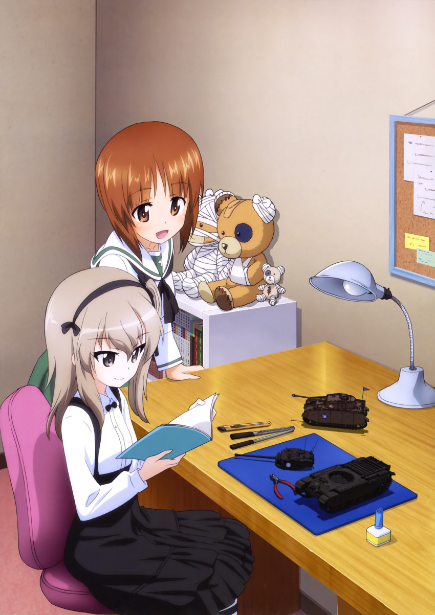 2girls :d absurdres arm_support black_bow black_hairband black_neckwear black_skirt boko_(girls_und_panzer) bow brown_eyes brown_hair dress_shirt eyebrows_visible_through_hair girls_und_panzer hair_bow hairband highres holding indoors leaning_forward light_brown_hair model_building multiple_girls nishizumi_miho official_art ooarai_school_uniform open_mouth pleated_skirt school_uniform serafuku shimada_arisu shiny shiny_hair shirt short_hair side_ponytail sitting skirt smile standing stuffed_animal stuffed_toy suspender_skirt suspenders teddy_bear white_shirt yoshida_nobuyoshi