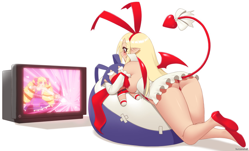 1girl archer_(disgaea) artist_name bean_bag blonde_hair character_doll commentary demon_tail disgaea flonne hairband highres kuroonehalf laharl long_hair makai_senki_disgaea pointy_ears red_eyes red_hairband ribbon simple_background smile solo tail tail_ribbon television thighs watching_television white_background white_ribbon wings