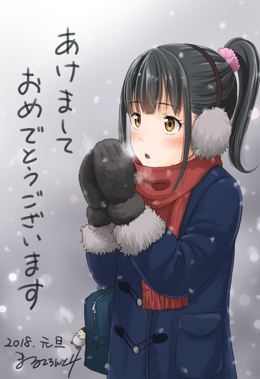 1girl bag black_coat black_hair black_mittens breath coat earmuffs hands_together highres long_hair marukorondo mittens original ponytail red_scarf scarf snow snowing solo upper_body