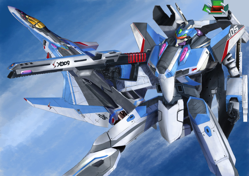 canards clouds commentary dual_persona energy_cannon flying gunpod i.t.o_daynamics macross macross_delta mecha realistic roundel science_fiction shoulder_cannon variable_fighter vf-31