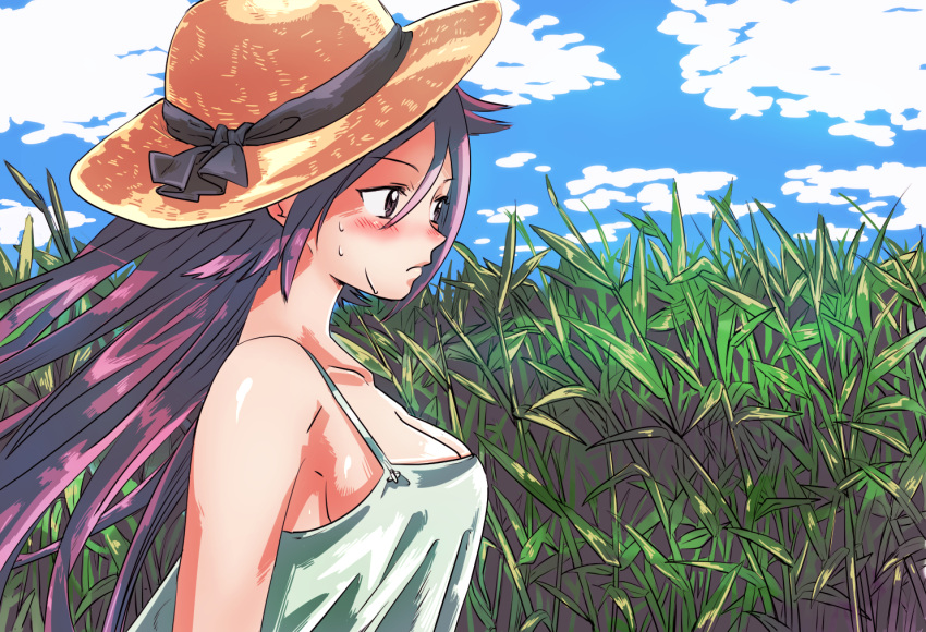 1girl alternate_costume blush breasts cleavage collarbone commentary_request dress from_side hat hat_ribbon jun'you_(kantai_collection) kantai_collection large_breasts long_hair no_bra purple_hair ribbon sideboob solo spaghetti_strap spiky_hair straw_hat sweat tana_(16151955) violet_eyes wheat_field white_dress