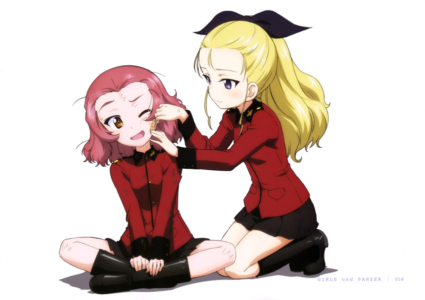 2girls ;d absurdres assam bandaid bandaid_on_face black_bow black_footwear black_legwear black_skirt blonde_hair blue_eyes bow brown_eyes bruise copyright_name girls_und_panzer hair_bow head_tilt highres indian_style injury jacket kneehighs kneeling loafers long_hair miniskirt multiple_girls official_art one_eye_closed open_mouth page_number pleated_skirt ponytail red_jacket redhead rosehip shoes simple_background sitting skirt smile st._gloriana's_military_uniform white_background yoshida_nobuyoshi