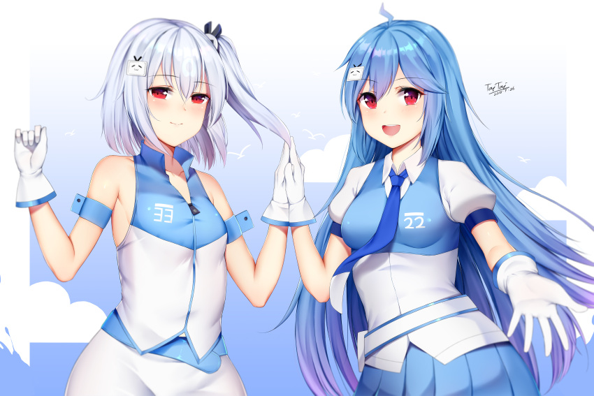 2girls abcfj1739839210 absurdres artist_name bili_girl_22 bili_girl_33 bilibili_douga blue_hair blue_neckwear blue_skirt blush breasts closed_mouth collarbone collared_shirt dated eyebrows_visible_through_hair gloves highres long_hair looking_at_viewer medium_breasts multicolored_neckwear multiple_girls necktie open_mouth puffy_short_sleeves puffy_sleeves shirt short_hair short_ponytail short_sleeves side_ponytail signature silver_hair skirt sleeveless smile white_gloves white_neckwear white_skirt