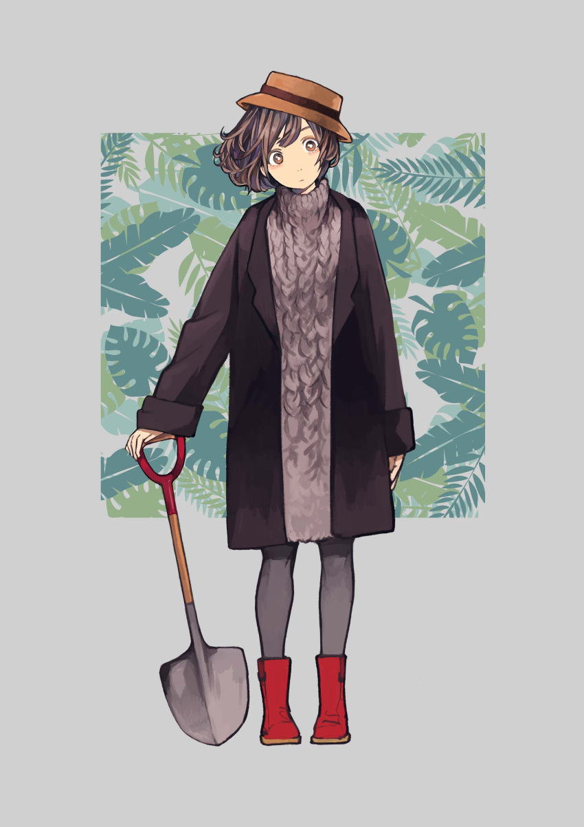 1girl absurdres boots brown_eyes brown_hair coat dress expressionless hat head_tilt highres holding_shovel leaf_print leggings looking_at_viewer nanakawa_(nanasoon) original short_hair shovel simple_background solo standing sweater sweater_dress turtleneck