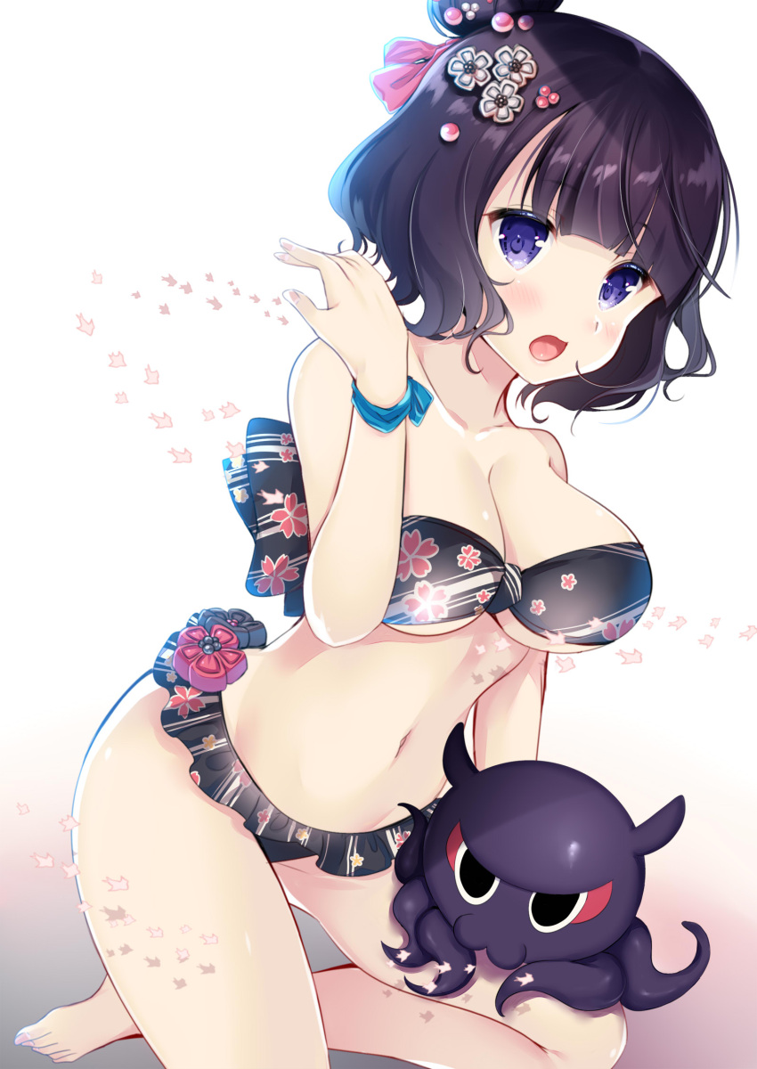 1girl :d animal bangs bare_arms bare_legs bare_shoulders barefoot bikini black_bikini black_bow blush bow breasts cleavage collarbone commentary_request eyebrows_visible_through_hair fate/grand_order fate_(series) fingernails floral_print gradient gradient_background grey_background hair_bun hair_ornament hand_up highres katsushika_hokusai_(fate/grand_order) ko_yu large_breasts looking_at_viewer navel octopus open_mouth print_bikini purple_hair smile solo swimsuit toenails violet_eyes white_background