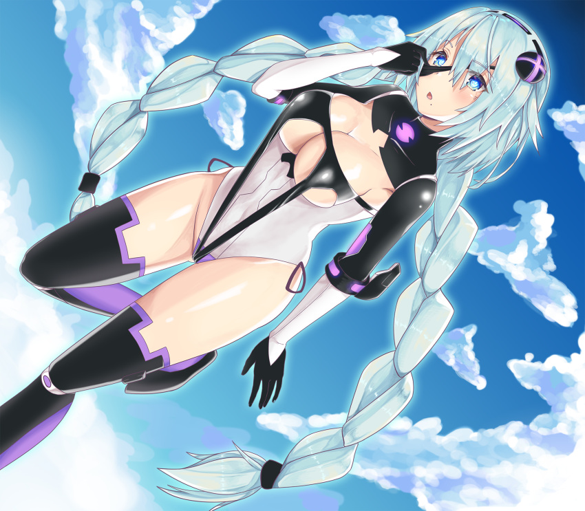 1girl black_eyepatch black_hairband blue_eyes blue_sky blush braid breasts cleavage cleavage_cutout clouds cloudy_sky commentary covered_navel d-pad d-pad_hair_ornament day english_commentary eyepatch eyepatch_lift floating fusion hair_between_eyes hair_ornament hairband highres kaptivate leotard long_hair looking_at_viewer medium_breasts mole mole_under_mouth neptune_(series) nier_(series) nier_automata power_symbol purple_heart silver_hair skin_tight sky solo symbol-shaped_pupils thigh-highs twin_braids twintails very_long_hair yorha_no._2_type_b