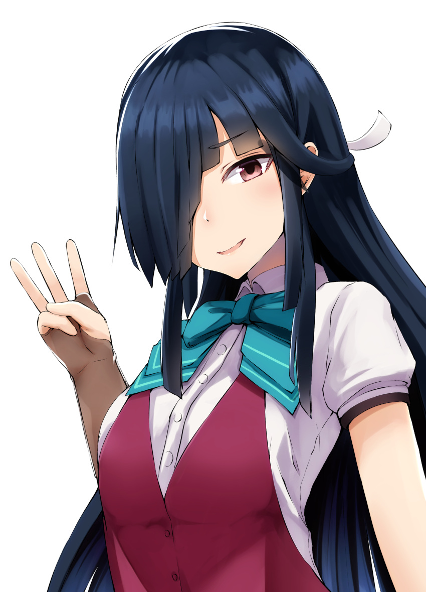 1girl absurdres black_hair blue_neckwear blush bondo_(borndragon) bow bowtie breasts brown_gloves commentary_request elbow_gloves eyebrows_visible_through_hair fingerless_gloves gloves hair_over_one_eye hayashimo_(kantai_collection) highres kantai_collection long_hair looking_at_viewer medium_breasts open_mouth red_eyes school_uniform shirt short_sleeves simple_background smile solo vest white_background white_shirt