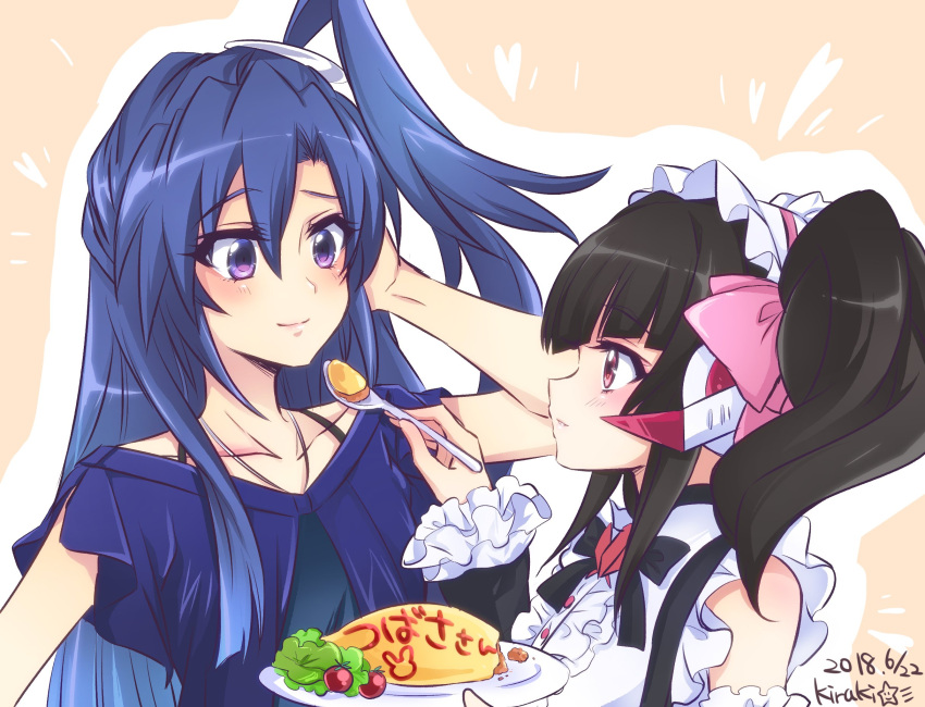 2girls artist_name bangs bare_shoulders black_hair blue_hair blunt_bangs blush dated detached_sleeves feeding food frills hair_ornament hair_ribbon headphones heart highres jewelry kazanari_tsubasa kiraki long_hair maid_headdress multiple_girls necklace plate red_eyes ribbon senki_zesshou_symphogear short_sleeves side_ponytail smile spoon tsukuyomi_shirabe twintails violet_eyes wide_sleeves yuri