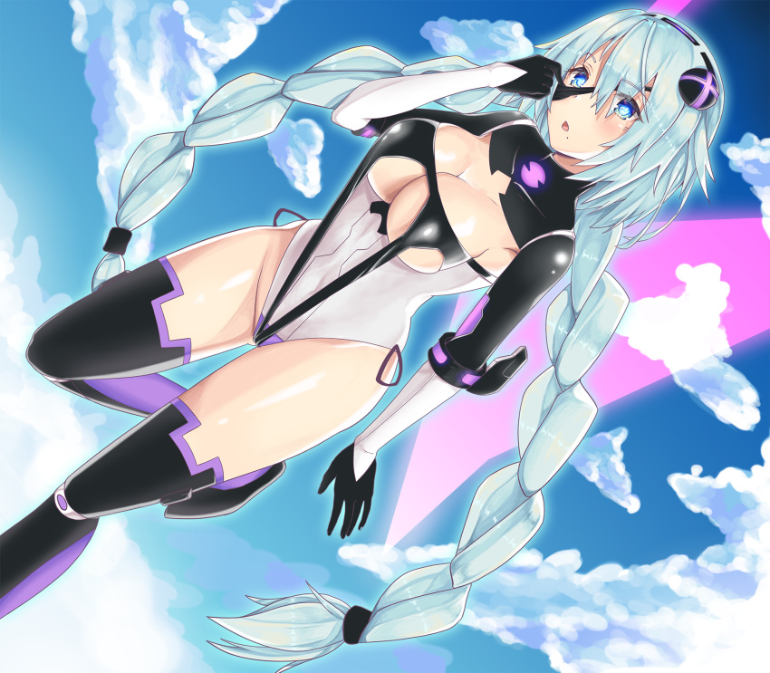 1girl black_eyepatch black_hairband blue_eyes blue_sky blush braid breasts cleavage cleavage_cutout clouds cloudy_sky covered_navel d-pad d-pad_hair_ornament day eyepatch eyepatch_lift flying fusion hair_between_eyes hair_ornament hairband highres kaptivate leotard long_hair looking_at_viewer medium_breasts mole mole_under_mouth neptune_(series) nier_(series) nier_automata power_symbol purple_heart silver_hair skin_tight sky solo symbol-shaped_pupils thigh-highs twin_braids twintails very_long_hair wings yorha_no._2_type_b