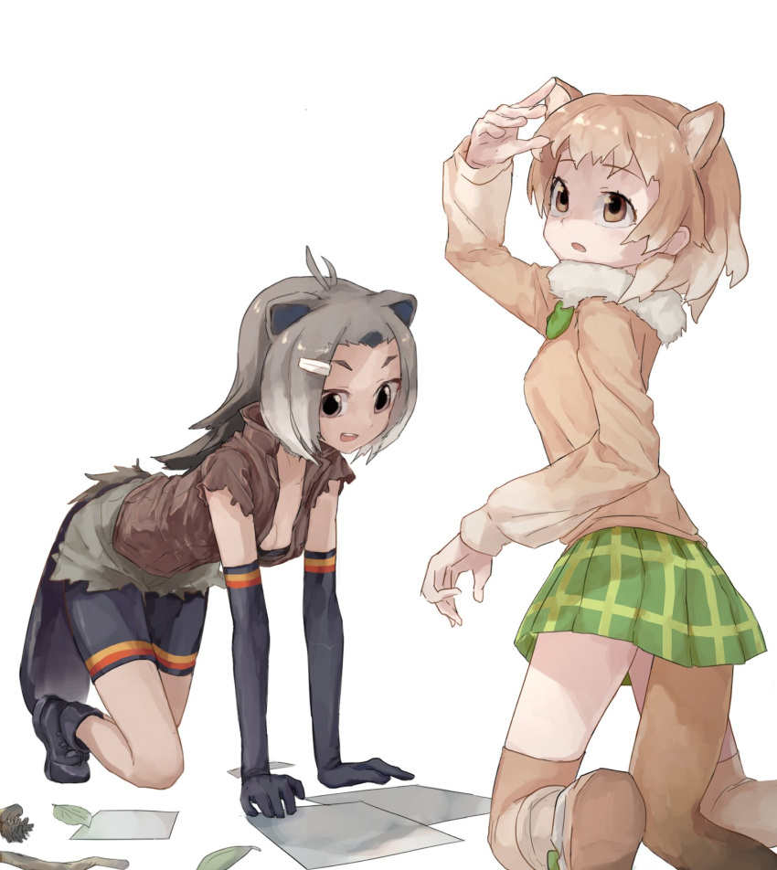 2girls all_fours american_beaver_(kemono_friends) animal_ears bare_shoulders beaver_ears beaver_tail bike_shorts bike_shorts_under_shorts black-tailed_prairie_dog_(kemono_friends) boots bow bowtie bra brown_hair commentary_request elbow_gloves extra_ears eyebrows_visible_through_hair forehead fur_collar gloves grey_hair hair_ornament hairclip highres kemono_friends kneeling light_brown_hair long_sleeves multicolored_hair multiple_girls paper plaid plaid_skirt pleated_skirt prairie_dog_ears prairie_dog_tail short_hair shorts skirt sleeveless sweater tail thigh-highs tito_(men-hukurou) underwear vest