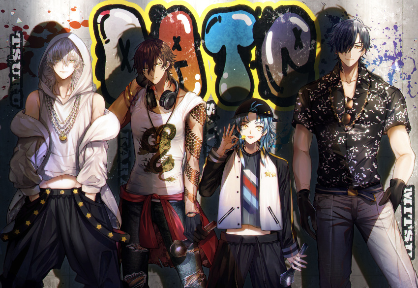 4boys :p abandon_ranka backwards_hat baseball_cap black_gloves black_hair blue_hair brown_hair candy clothes_around_waist contemporary dark_skin dark_skinned_male denim eyepatch eyewear_removed food gloves graffiti hat headphones headphones_around_neck highres hood hoodie jeans jewelry lollipop male_focus microphone multiple_boys necklace ookurikara pants ripped_jeans shokudaikiri_mitsutada smile sunglasses taikogane_sadamune tank_top tongue tongue_out touken_ranbu tsurumaru_kuninaga white_hair yellow_eyes