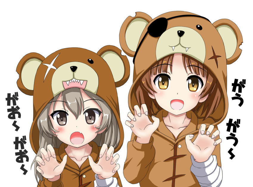 2girls animal_costume bandage bangs bear_costume black_ribbon boko_(girls_und_panzer) brown_eyes brown_hair claw_pose commentary_request eyebrows_visible_through_hair eyepatch fang flipper girls_und_panzer hair_ribbon light_brown_hair long_hair looking_at_viewer multiple_girls nishizumi_miho open_mouth pajamas ribbon scar scar_across_eye shimada_arisu short_hair simple_background smile standing stuffed_animal stuffed_toy teddy_bear upper_body white_background