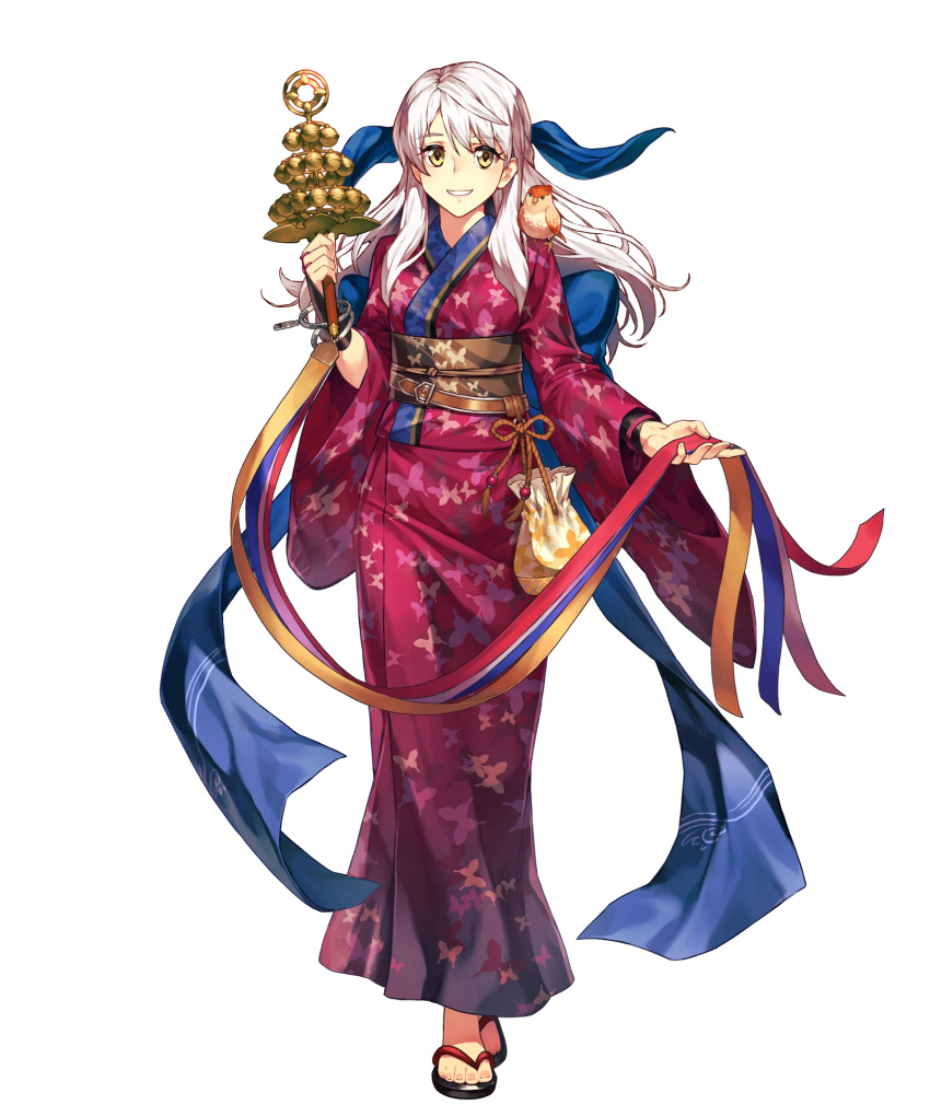 1girl animal animal_print bangs bird bug butterfly butterfly_print fire_emblem fire_emblem:_akatsuki_no_megami fire_emblem_heroes full_body highres insect japanese_clothes kimono micaiah obi official_art sandals sash silver_hair transparent_background wide_sleeves yellow_eyes yune