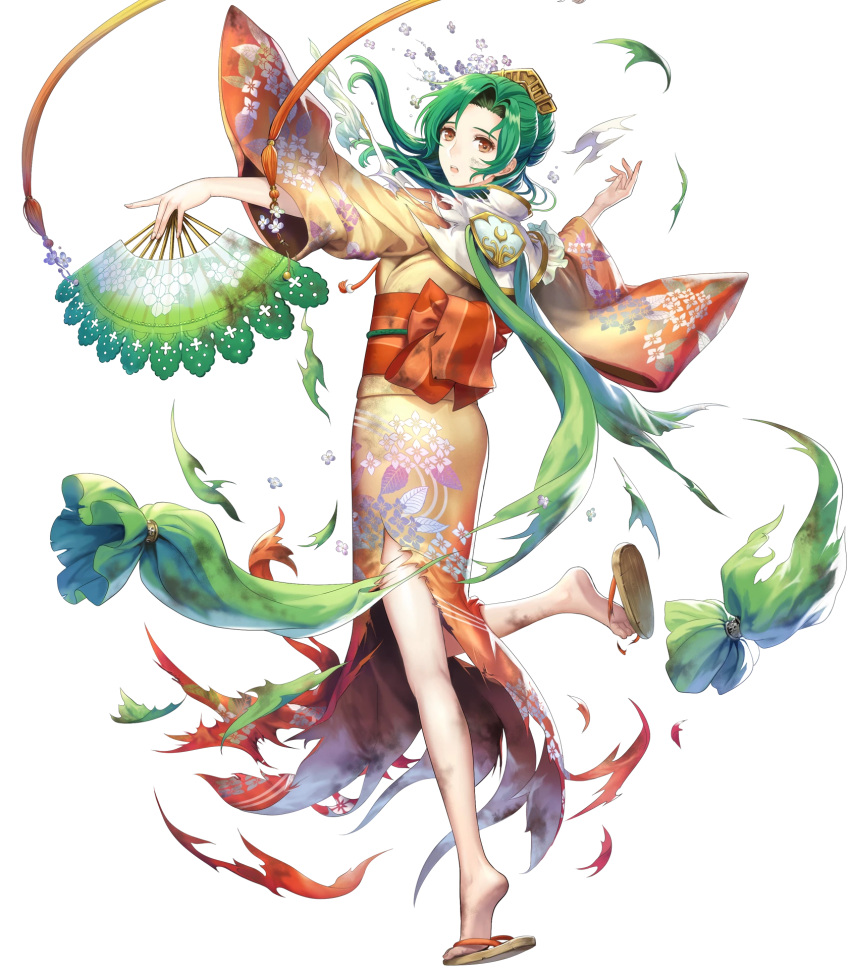 1girl bangs elincia_ridell_crimea fire_emblem fire_emblem:_akatsuki_no_megami fire_emblem_heroes floral_print full_body green_hair highres japanese_clothes kimono obi official_art sandals sash solo transparent_background wide_sleeves yellow_eyes