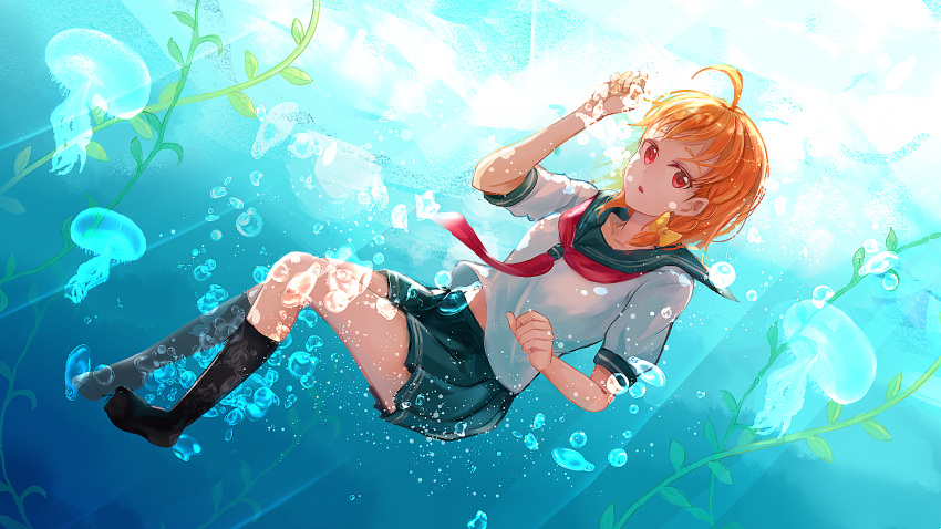 1girl ahoge bangs black_legwear bow bubble full_body hair_bow highres jellyfish kneehighs looking_at_viewer love_live! love_live!_sunshine!! no_shoes open_mouth orange_hair pleated_skirt red_eyes school_uniform serafuku skirt solo takami_chika underwater yellow_bow zyenokana