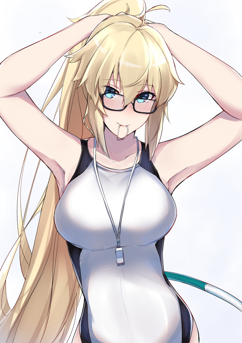 1girl absurdres arms_up bangs black-framed_eyewear blonde_hair blue_eyes blush breasts closed_mouth collarbone fate/grand_order fate_(series) hair_between_eyes highres hoop hula_hoop jeanne_d'arc_(fate)_(all) jeanne_d'arc_(swimsuit_archer) large_breasts long_hair looking_at_viewer nanakaku one-piece_swimsuit open_clothes ponytail simple_background smile solo swimsuit tying_hair very_long_hair whistle white_background white_swimsuit