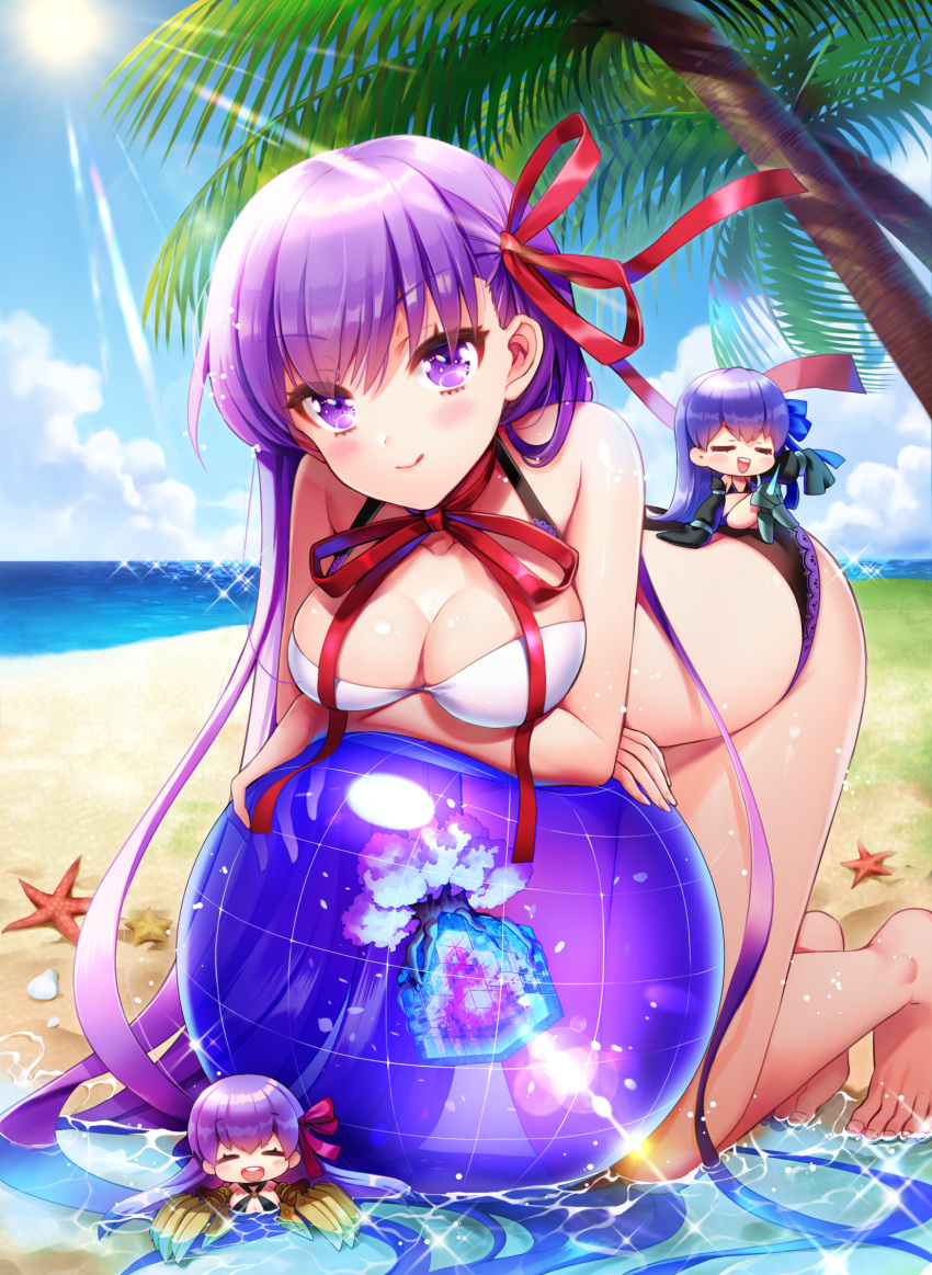 3girls :d :q ^_^ arm_support armored_boots ball bangs bare_arms bare_shoulders barefoot bb_(fate/extra_ccc) beach beachball bikini black_bikini_bottom blue_ribbon blush blush_stickers boots breasts chibi claw_(weapon) cleavage closed_eyes closed_eyes closed_mouth clouds commentary_request cube eyebrows_visible_through_hair facing_viewer fate/extra fate/extra_ccc fate/grand_order fate_(series) hair_ribbon head_tilt highres knee_boots kneeling large_breasts light_rays long_hair medium_breasts meltlilith minigirl mismatched_bikini multiple_girls neck_ribbon ocean open_mouth passion_lip purple_hair red_ribbon ribbon sand seashell shell shiny shiny_hair sitting sleeves_past_fingers sleeves_past_wrists smile sparkle sun sunbeam sunlight swimsuit tongue tongue_out very_long_hair violet_eyes water weapon white_bikini_top wingtemple