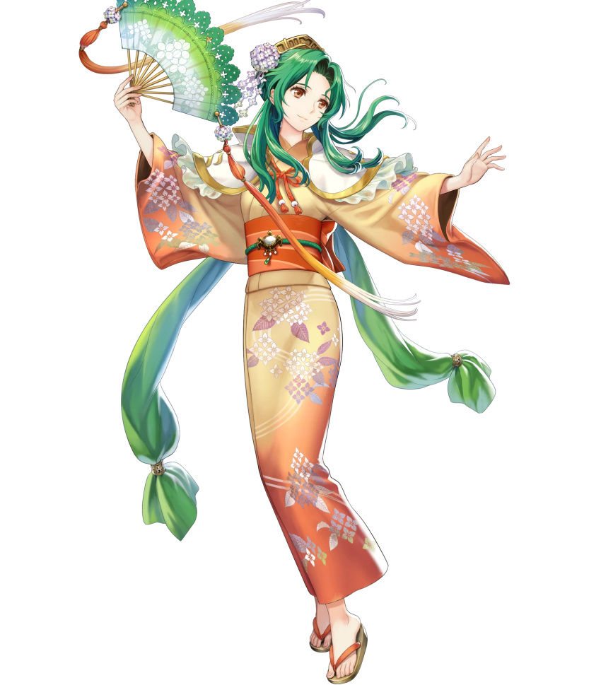 1girl bangs brown_eyes closed_mouth elincia_ridell_crimea fan female fire_emblem fire_emblem:_akatsuki_no_megami fire_emblem_heroes floral_print full_body green_hair highres holding holding_fan japanese_clothes kimono looking_away no_legwear no_socks obi official_art print_kimono sandals sash shoes simple_background solo toes transparent_background wide_sleeves