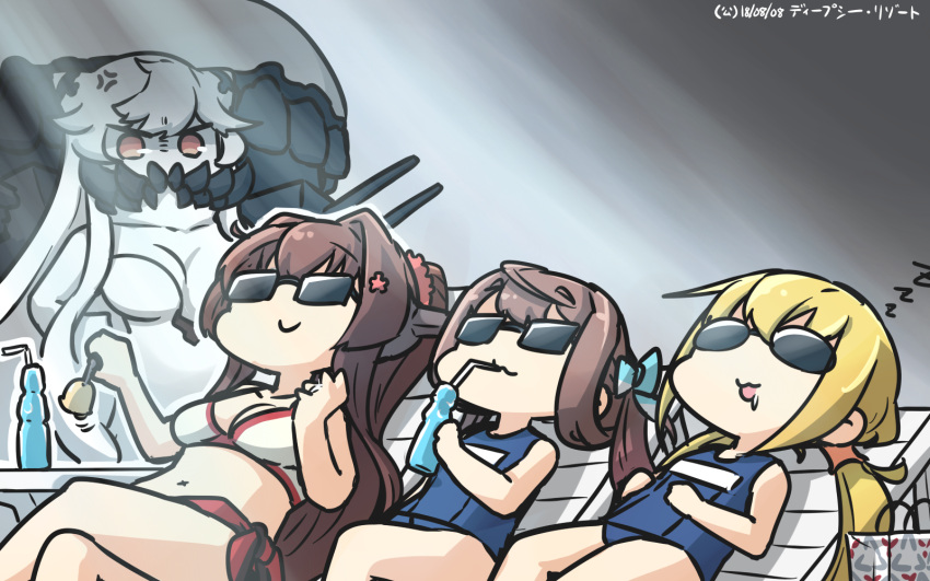 4girls :3 anger_vein asagumo_(kantai_collection) blonde_hair blue_swimsuit breasts brown_hair commentary dated drinking drinking_straw drooling eyebrows_visible_through_hair flower hair_between_eyes hair_flower hair_ornament hamu_koutarou highres kantai_collection kunihiko_moriguchi large_breasts long_hair low_twintails midway_hime mitsukoshi_(department_store) multiple_girls one-piece_swimsuit orange_eyes pink_flower ponytail ramune satsuki_(kantai_collection) school_swimsuit shinkaisei-kan sleeping smile sunglasses swimsuit twintails white_hair yamato_(kantai_collection) zzz