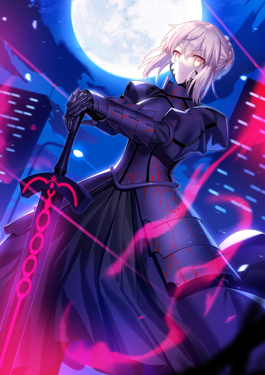 1girl absurdres armor armored_dress artoria_pendragon_(all) black_dress dark_excalibur dress dutch_angle eyebrows_visible_through_hair fate/stay_night fate_(series) from_below full_moon fuyuki_(neigedhiver) gauntlets hair_between_eyes hands_on_hilt highres looking_at_viewer moon night outdoors red_dress saber_alter short_hair_with_long_locks sidelocks silver_hair solo standing yellow_eyes