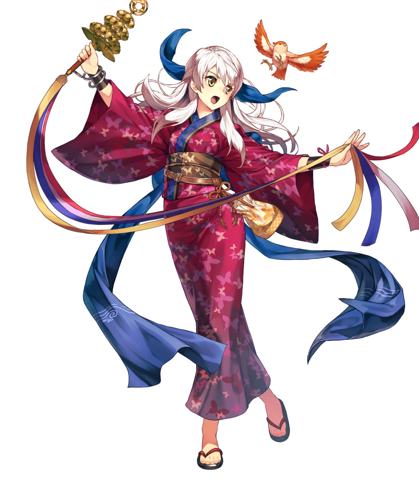 1girl animal animal_print bangs bird bug butterfly butterfly_print fire_emblem fire_emblem:_akatsuki_no_megami fire_emblem_heroes full_body highres insect japanese_clothes kimono micaiah obi official_art sandals sash silver_hair transparent_background wide_sleeves yellow_eyes yune