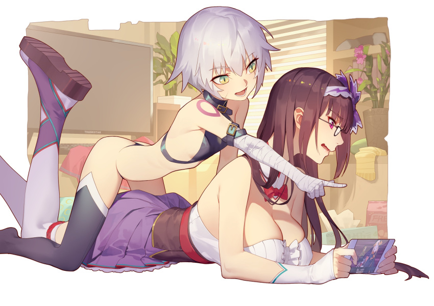 2girls abigail_williams_(fate/grand_order) ass bandage bandaged_arm bandages bare_shoulders black-framed_eyewear black_legwear black_panties breasts brown_hair cellphone cleavage closed_eyes daye_bie_qia_lian detached_collar fate/grand_order fate_(series) glasses green_eyes hairband highres indoors jack_the_ripper_(fate/apocrypha) large_breasts long_hair lying multiple_girls on_stomach open_mouth osakabe-hime_(fate/grand_order) panties phone pink_eyes pointing profile scar scar_across_eye short_hair sidelocks silver_hair small_breasts smartphone stitches string_panties thigh-highs underwear white_legwear