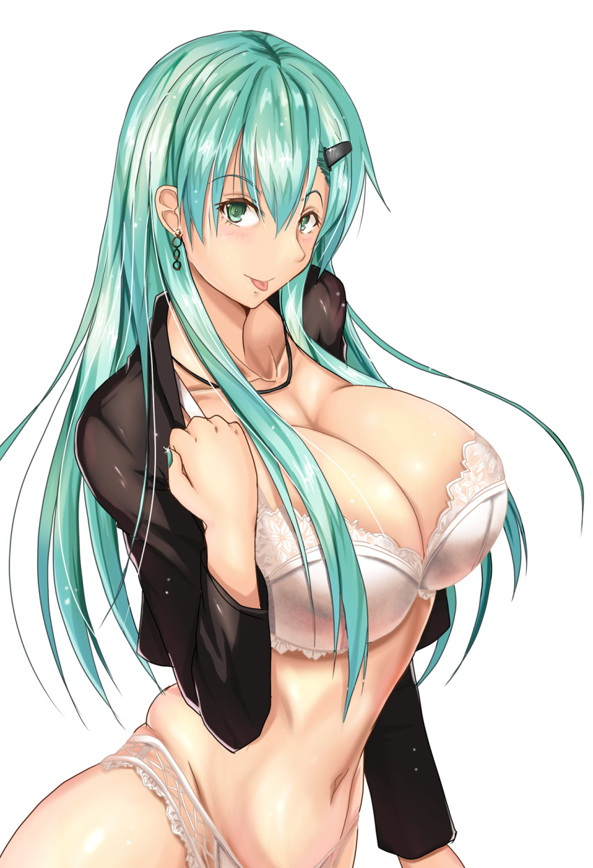 1girl :q aqua_hair aqua_nails bangs black_jacket blush bra breasts cleavage collarbone cowboy_shot cropped_jacket earrings eyebrows_visible_through_hair green_eyes groin hair_ornament hairclip hand_up highres jacket jewelry kantai_collection large_breasts light_particles lingerie long_hair looking_at_viewer luna_(gunfire) nail_polish navel necklace shiny shiny_skin sidelocks simple_background smile solo sparkle stomach suzuya_(kantai_collection) tongue tongue_out underwear white_background white_bra