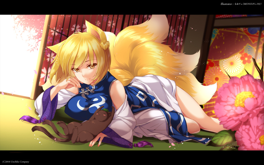 1girl ^_^ adapted_costume animal_ears artist_name bangs bare_shoulders blonde_hair blush_stickers breasts brown_cat chen chen_(cat) cherry_blossoms chinese_clothes closed_eyes closed_eyes detached_sleeves dress dutch_angle eyebrows_visible_through_hair floral_print flower fox_ears fox_tail green_hat hat highres indoors large_breasts letterboxed light_particles long_sleeves looking_at_viewer lying mob_cap moneti_(daifuku) multiple_tails nail_polish nekomata no_hat no_headwear on_floor on_stomach pink_flower pink_lips pink_nails scan short_dress short_hair sliding_doors tabard tail thighs touhou twisted_torso two_tails white_dress wide_sleeves yakumo_ran yellow_eyes