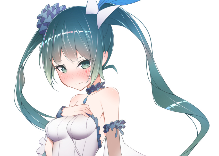1girl bare_shoulders blush breast_suppress breasts detached_sleeves dress embarrassed eyebrows_visible_through_hair feathers frown giryu green_eyes green_hair hair_ribbon hand_on_own_chest hatsune_miku jewelry long_hair looking_at_viewer medium_breasts necklace off-shoulder_dress off_shoulder ribbon scrunchie see-through solo twintails vocaloid white_background white_dress