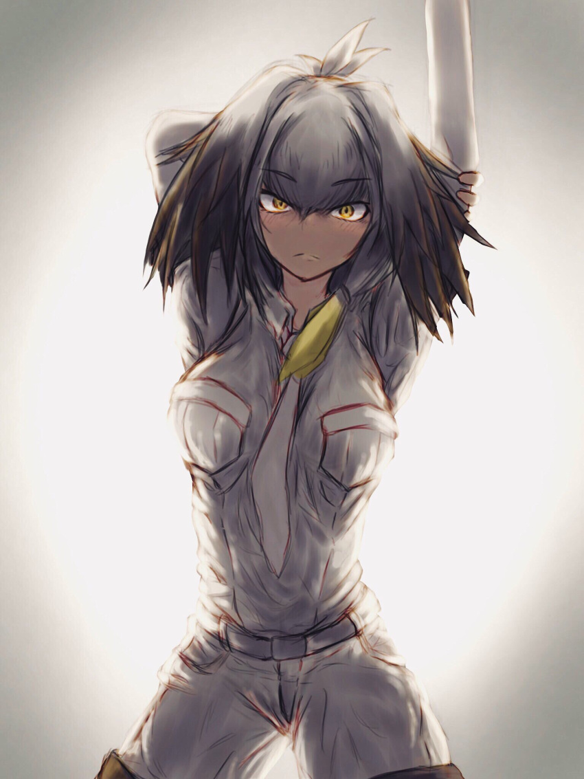 1girl arm_behind_head arms_up aru_tarou bangs belt black_hair blonde_hair blush breast_pocket closed_mouth collared_shirt eyebrows_visible_through_hair grey_hair grey_neckwear grey_shirt grey_shorts hair_between_eyes highres kemono_friends long_hair long_sleeves looking_at_viewer low_ponytail multicolored_hair necktie outstretched_arm pocket shirt shoebill_(kemono_friends) short_over_long_sleeves short_sleeves shorts side_ponytail solo standing upper_body wing_collar yellow_eyes