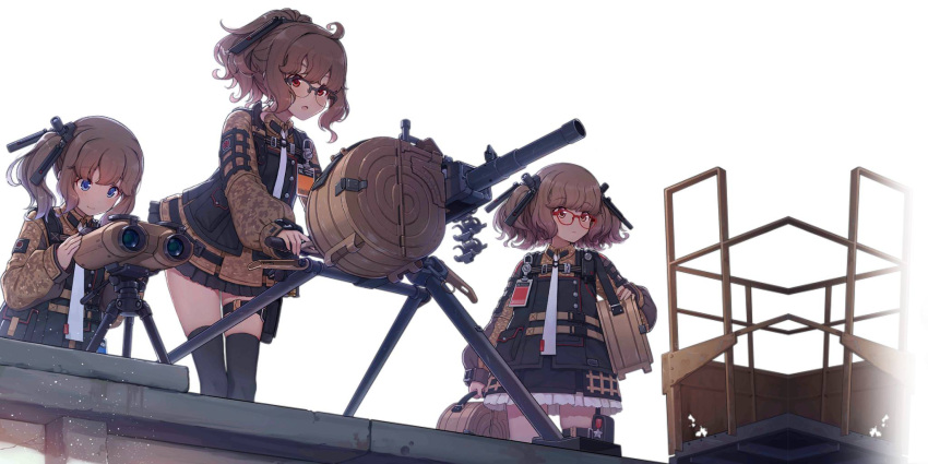 3girls ags-30_(girls_frontline) aiming artist_request badge binoculars blue_eyes brown_eyes brown_hair digital_camouflage drum_magazine girls_frontline grenade_launcher hair_ornament highres holster multiple_girls necktie official_art red_eyes tactical_clothes tripod weapon