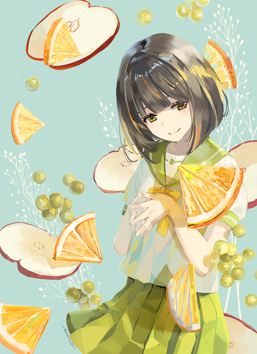 1girl apple apple_slice bangs blue_background bob_cut bow brown_eyes brown_hair closed_mouth commentary_request fingernails fingers_together food fruit grapes green_sailor_collar green_skirt hands_up head_tilt highres looking_at_viewer naruse_chisato orange orange_slice original pleated_skirt puffy_short_sleeves puffy_sleeves red_apple sailor_collar school_uniform serafuku shirt short_hair short_sleeves skirt smile solo white_shirt yellow_bow