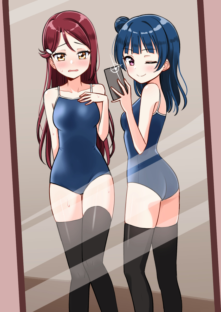 2girls ;) bangs bare_arms bare_shoulders black_legwear blue_hair blue_swimsuit blush breasts brown_hair cellphone closed_mouth collarbone competition_school_swimsuit deadnooodles eyebrows_visible_through_hair fingernails hair_bun highres holding holding_cellphone holding_phone indoors love_live! love_live!_sunshine!! medium_breasts mirror multiple_girls nose_blush one-piece_swimsuit one_eye_closed parted_lips phone redhead reflection sakurauchi_riko side_bun smile standing sweat swimsuit taking_picture thigh-highs tsushima_yoshiko violet_eyes