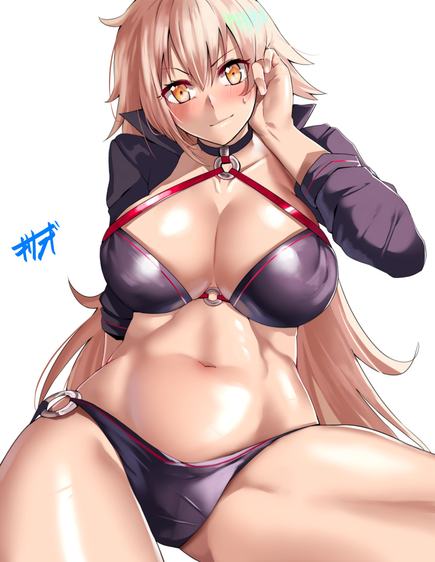 1girl absurdres bangs bikini black_bikini black_jacket blonde_hair blush breasts choker cleavage closed_mouth collarbone cropped_jacket fate/grand_order fate_(series) hair_between_eyes hand_in_hair highres hips jacket jeanne_d'arc_(alter_swimsuit_berserker) jeanne_d'arc_(fate)_(all) kisaragi_(legobionicle23) large_breasts long_hair looking_at_viewer navel o-ring simple_background smile solo sweatdrop swimsuit tan thighs very_long_hair waist white_background yellow_eyes