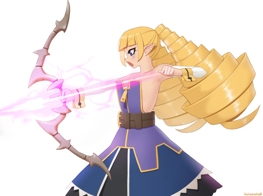 1girl archer_(disgaea) artist_name bangs bare_shoulders belt blonde_hair blue_eyes blunt_bangs bow_(weapon) commentary detached_sleeves disgaea drill_hair energy_arrow eyebrows_visible_through_hair kuroonehalf long_hair makai_senki_disgaea open_mouth pointy_ears profile serious simple_background solo twin_drills weapon white_background