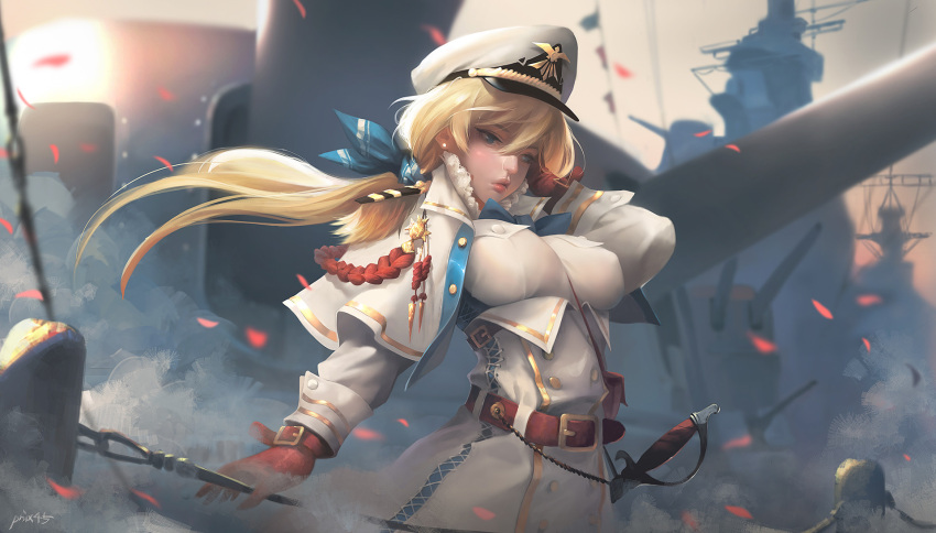 1girl adjusting_hair bangs belt blonde_hair blue_bow blue_eyes blue_ribbon blurry blurry_background blush bow breasts buttons cannon collar dock double-breasted earrings erect_nipples falling_petals frilled_collar frills gloves hair_between_eyes highres jewelry large_breasts low_tied_hair military military_uniform original red_gloves red_lips ribbon sheath sheathed ship sword taejune_kim uniform watercraft weapon white_uniform