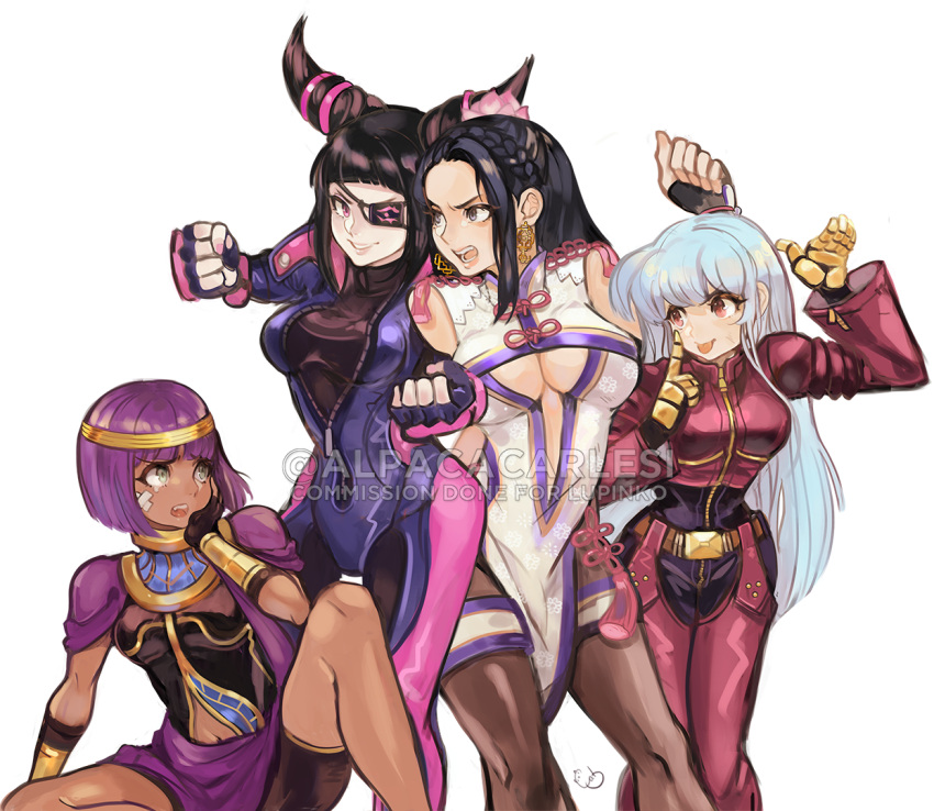 4girls alpaca_carlesi bandaid bandaid_on_face biker_clothes bikesuit black_hair blue_hair breasts capcom china_dress chinese_clothes cleavage_cutout crossover dress drill_hair earrings eyepatch fingerless_gloves gloves han_juri hand_on_own_cheek jewelry kula_diamond long_hair luong menat multiple_girls navel_cutout pantyhose purple_hair shawl short_hair simple_background snk street_fighter street_fighter_v tearing_up the_king_of_fighters the_king_of_fighters_xiv tongue tongue_out twin_drills under_boob watermark zipper