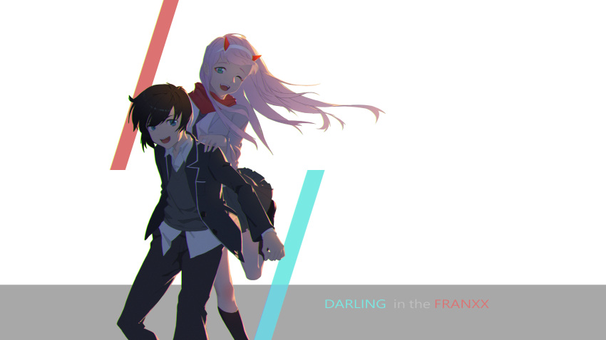 1boy 1girl aash4i absurdres bangs black_hair black_jacket black_legwear black_pants blazer blue_eyes collared_shirt commentary_request copyright_name couple darling_in_the_franxx fang green_eyes grey_blazer grey_skirt hair_ornament hairband hand_on_another's_shoulder hetero highres hiro_(darling_in_the_franxx) horns jacket long_hair long_sleeves looking_at_viewer one_eye_closed oni_horns open_blazer open_clothes open_jacket pants pink_hair pleated_skirt red_horns red_scarf scarf school_uniform shirt short_hair skirt socks thighs waistcoat white_hairband white_shirt wing_collar zero_two_(darling_in_the_franxx)