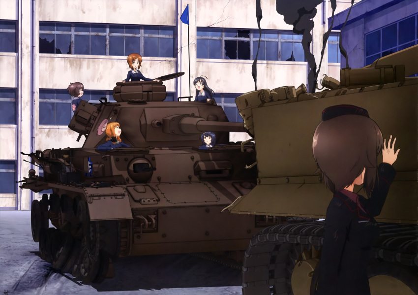 6+girls :d absurdres akiyama_yukari black_hair black_hat black_jacket blue_jacket blush brown_hair day eyebrows_visible_through_hair girls_und_panzer ground_vehicle hairband hat highres isuzu_hana jacket kuromorimine_military_uniform long_hair looking_up military military_vehicle motor_vehicle multiple_girls nishizumi_maho nishizumi_miho official_art ooarai_military_uniform open_mouth orange_hair outdoors red_shirt reizei_mako shirt short_hair smile smoke takebe_saori tank upper_body white_hairband yoshida_nobuyoshi