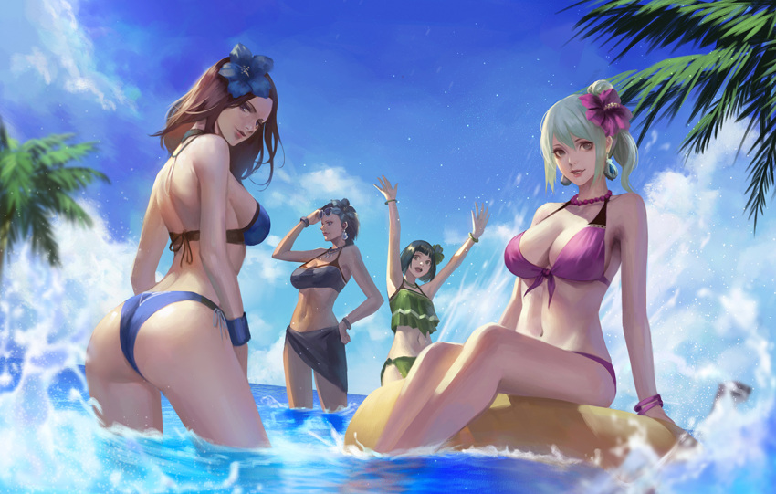 4girls arms_up ass bangs bare_shoulders beach bikini bikini_top black_bikini blush breasts brown_hair character_request cleavage collarbone commentary_request day flower front-tie_top hair_flower hair_ornament large_breasts long_hair looking_at_viewer medium_breasts midriff monster_hunter monster_hunter:_world multiple_girls navel ocean open_mouth outdoors phamoz sarong short_hair side-tie_bikini sky smile swimsuit water