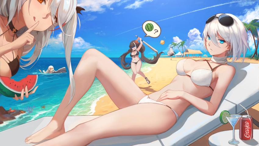 5girls alternate_costume azur_lane bangs barefoot baseball_bat beach bikini black_hair blindfold blue_eyes blue_sky blush breasts can chair chinese_commentary choker cleavage cocktail_glass collarbone commentary_request cross cross_earrings cup day deutschland_(azur_lane) drinking_glass drinking_straw earrings eyebrows_visible_through_hair finger_to_mouth flag_print floatie food fruit german_flag_bikini graf_zeppelin_(azur_lane) groin hair_between_eyes hand_on_own_stomach highres holding holding_bat holding_food jewelry large_breasts leaning_forward linzhong_de_xiongbaobao long_hair looking_at_viewer lounge_chair low_twintails lying multicolored_hair multiple_girls navel ocean outdoors palm_tree prinz_eugen_(azur_lane) redhead revision sand sandals scarf short_hair shushing silver_hair sky soda_can spoken_food stomach streaked_hair suikawari swimsuit table thighs tirpitz tirpitz_(azur_lane) tree twintails two_side_up very_long_hair wading watermelon waves white_bikini yellow_eyes z46_(azur_lane)