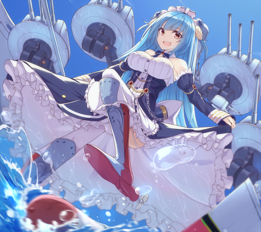 1girl armored_boots azur_lane blue_hair boots breasts cannon detached_sleeves hair_ornament large_breasts long_hair looking_down mag_(mag42) maid_headdress neptune_(azur_lane) open_mouth red_eyes sky solo torpedo water water_drop weapon