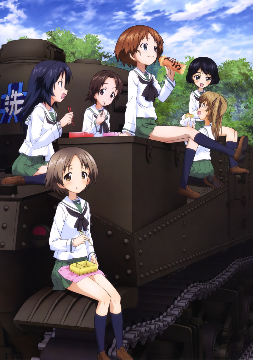 6+girls :d absurdres black_eyes black_hair black_neckwear blue_legwear blue_sky blush brown_eyes brown_footwear brown_hair chopsticks clouds day eating food girls_und_panzer glasses ground_vehicle highres holding holding_chopsticks holding_food kneehighs kneeling loafers long_hair maruyama_saki military military_vehicle miniskirt motor_vehicle multiple_girls obentou official_art ooarai_school_uniform oono_aya open_mouth outdoors pleated_skirt sakaguchi_karina sawa_azusa seiza shirt shoes short_hair sitting skirt sky smile tank twintails utsugi_yuuki wariza white_shirt yamagou_ayumi yoshida_nobuyoshi