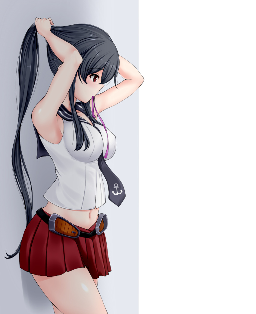 1girl between_breasts black_hair blue_neckwear breasts collarbone eyebrows_visible_through_hair from_side grey_background highres kantai_collection large_breasts long_hair looking_to_the_side midriff navel open_mouth pleated_skirt ponytail purple_scrunchie red_eyes red_skirt sailor_collar scrunchie simple_background skirt solo tying_hair very_long_hair white_background yahagi_(kantai_collection) z5987
